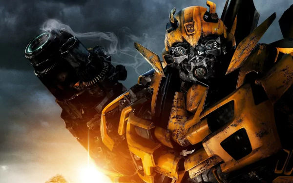HD desktop wallpaper featuring a detailed image of Bumblebee from the movie Transformers: Revenge of the Fallen, showcasing his battle-worn armor against a dramatic sky backdrop.