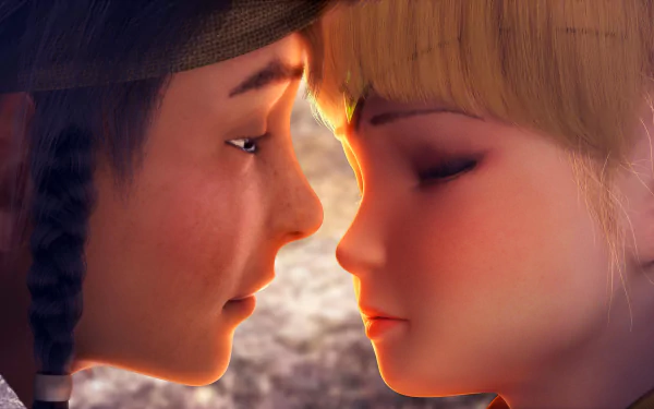 HD PC desktop wallpaper from the movie Dragon Nest: Warriors' Dawn featuring a close-up of two animated characters with their faces gently touching.