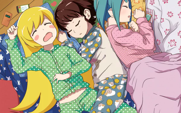 Yotsugi Ononoki, Mayoi Hachikuji, and Shinobu Oshino from the Monogatari series relax in colorful pajamas, cozily sleeping together in this vibrant HD anime wallpaper.