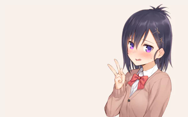 Vignette Tsukinose April (Gabriel DropOut anime) smiling and flashing a peace sign on a pale background — HD PC desktop wallpaper