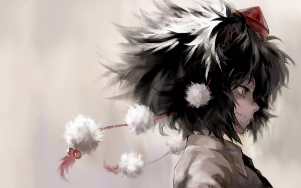 HD desktop wallpaper of Aya Shameimaru from Touhou. The image features an anime-style portrayal of Aya with detailed black and gray hair, adorned with red accessories, set against a soft, neutral background.