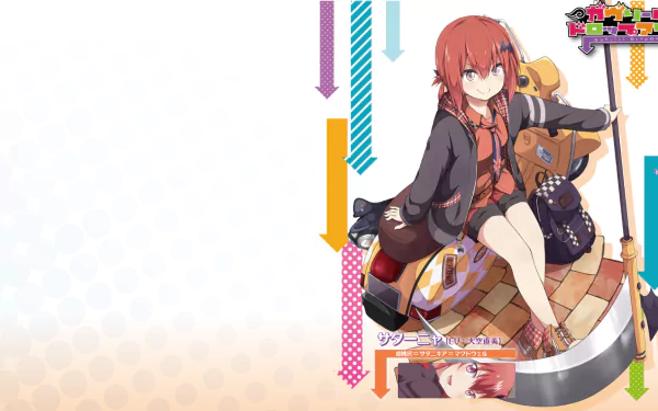 HD PC desktop wallpaper featuring Satanichia Kurumizawa McDowell from the anime Gabriel DropOut in a colorful, stylized design with vibrant arrows and patterns.