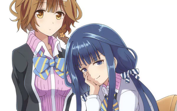 HD PC desktop wallpaper featuring Yoshino Koiwai and Aki Adagaki from the anime Masamune-kun's Revenge in a clean, colorful illustration.