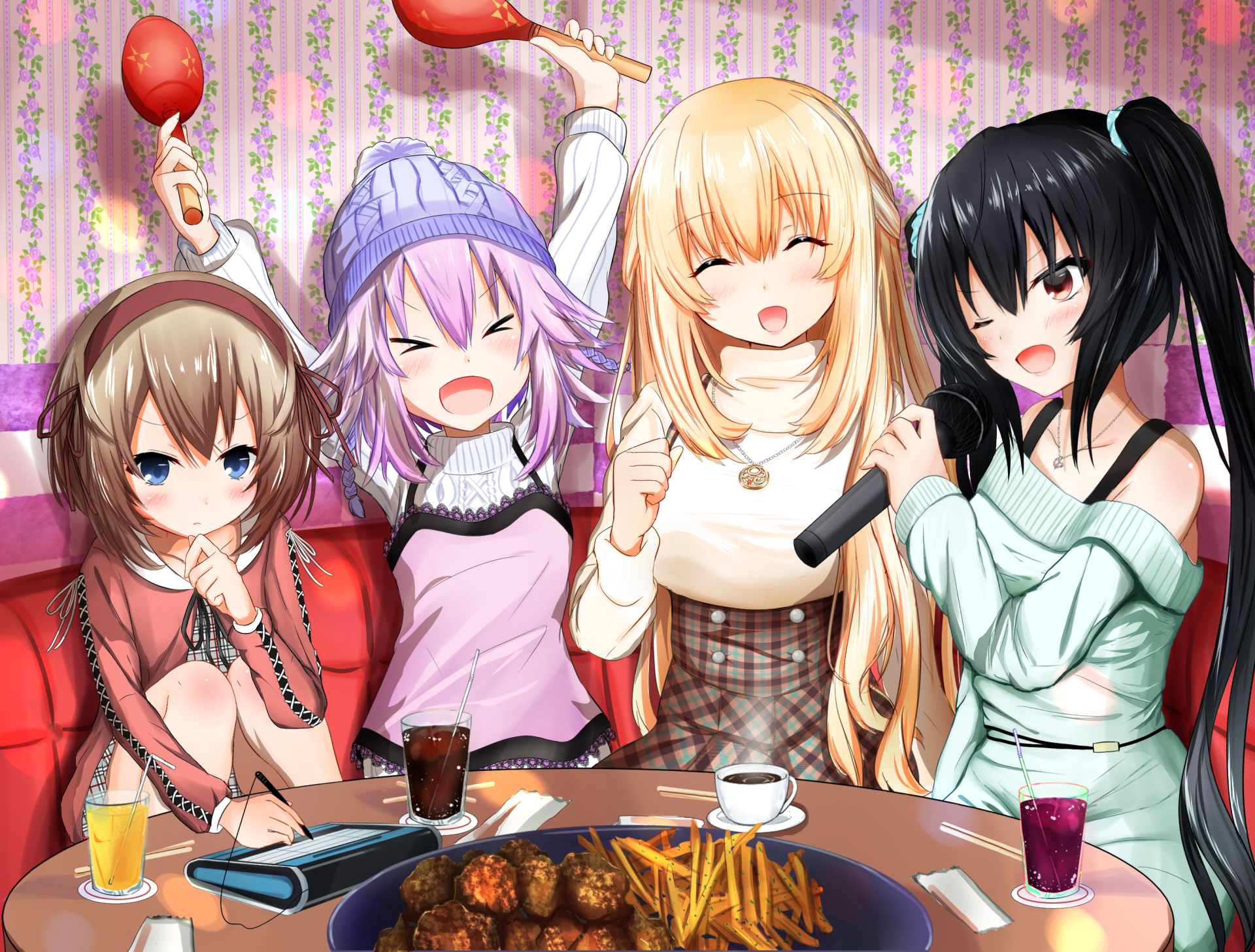 HD PC desktop wallpaper featuring Noire, Vert, Neptune, and Blanc from the Hyperdimension Neptunia video game series enjoying a cozy indoor moment together.