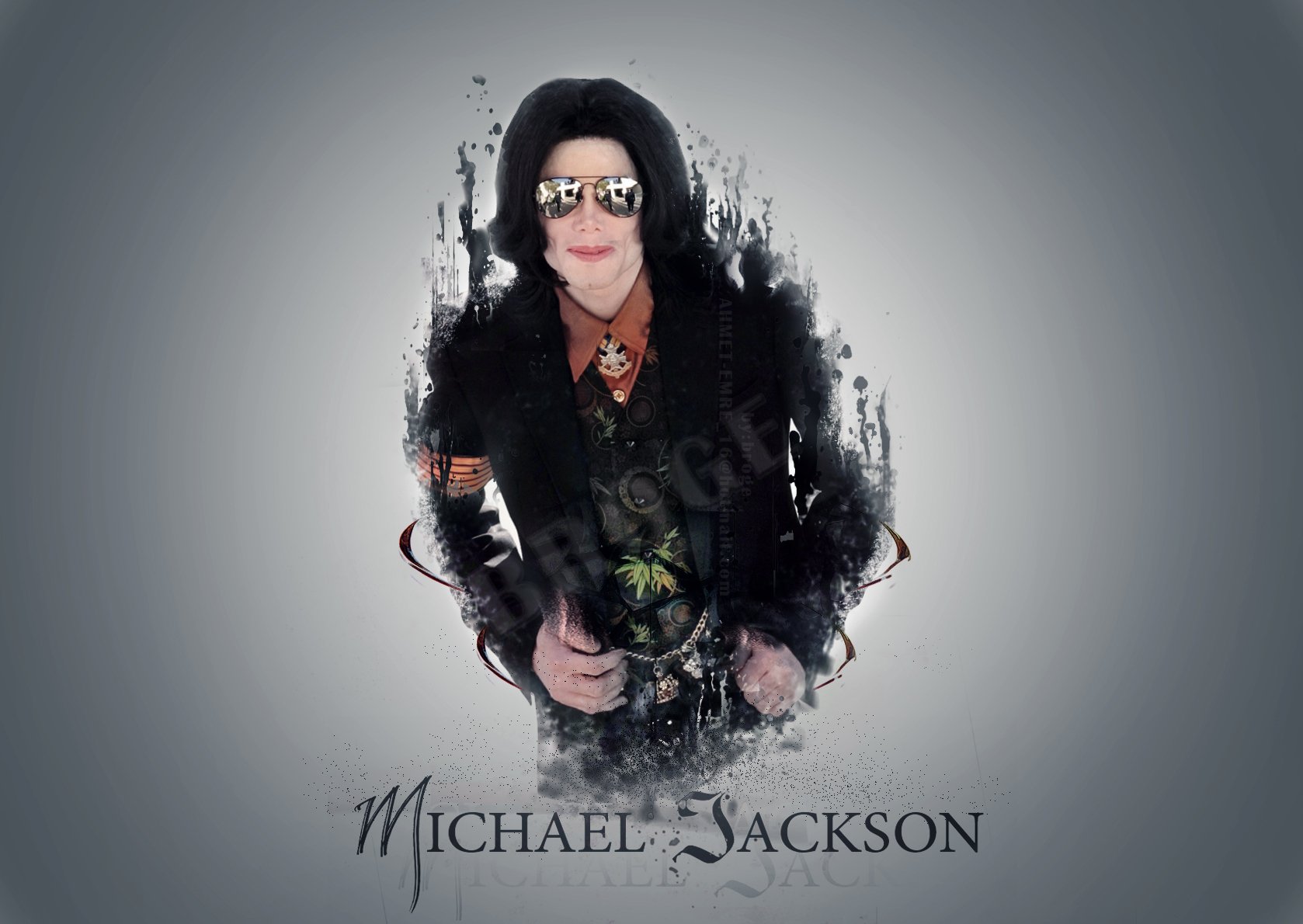 HD desktop wallpaper featuring Michael Jackson in a dark outfit with sunglasses, standing confidently against a gray background with artistic flourishes. Text at the bottom reads Michael Jackson.