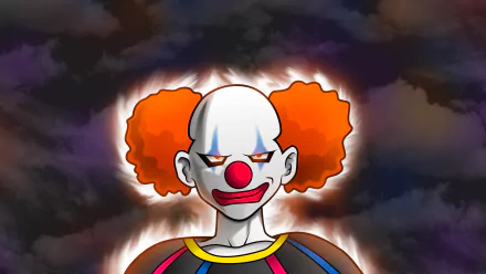 4K Ultra HD anime wallpaper featuring Vermoud from Dragon Ball Super with a sinister clown appearance against a dark, cloudy background.