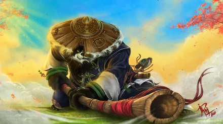 HD desktop wallpaper featuring a panda warrior from World of Warcraft: Mists of Pandaria, set against a vibrant sky and autumnal landscape.