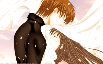 HD desktop wallpaper featuring Tohru Honda and Kyo Sohma from the anime Fruits Basket sharing a tender hug, surrounded by floating flower petals.