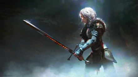 HD desktop wallpaper featuring Ciri from The Witcher 3: Wild Hunt. She stands poised with her sword, ready for battle, set against a mysterious and smoky background.