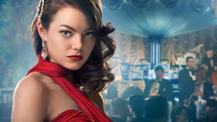 HD PC desktop wallpaper featuring Emma Stone in a glamorous red dress from the movie Gangster Squad, set against an elegant, vintage nightclub background.