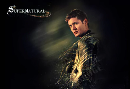 HD desktop wallpaper featuring Jensen Ackles as Dean Winchester from the TV show Supernatural, with a dynamic, dark background and the show's title in the top left corner.