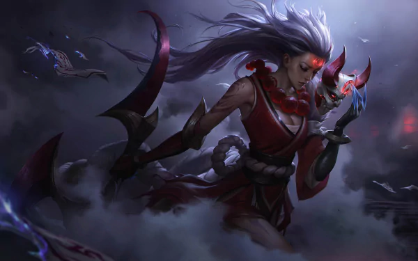HD desktop wallpaper featuring Diana from the video game League of Legends, showcasing her dynamic pose amidst a dark, misty background with glowing eyes and flowing white hair.