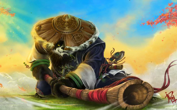 HD desktop wallpaper featuring a panda warrior from World of Warcraft: Mists of Pandaria, set against a vibrant sky and autumnal landscape.