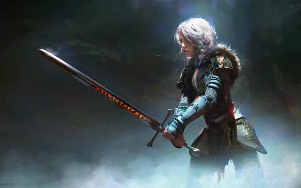 HD desktop wallpaper featuring Ciri from The Witcher 3: Wild Hunt. She stands poised with her sword, ready for battle, set against a mysterious and smoky background.
