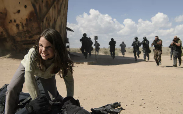 HD desktop wallpaper featuring Dafne Keen as X-23/Laura Kinney in an intense scene from the movie Logan. She is in a desert setting with soldiers running in the background.