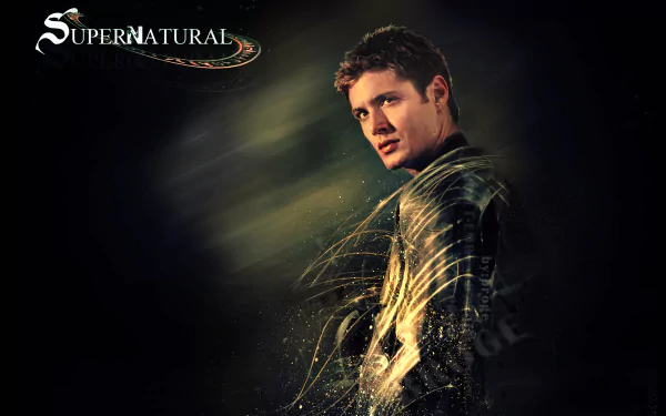 HD desktop wallpaper featuring Jensen Ackles as Dean Winchester from the TV show Supernatural, with a dynamic, dark background and the show's title in the top left corner.