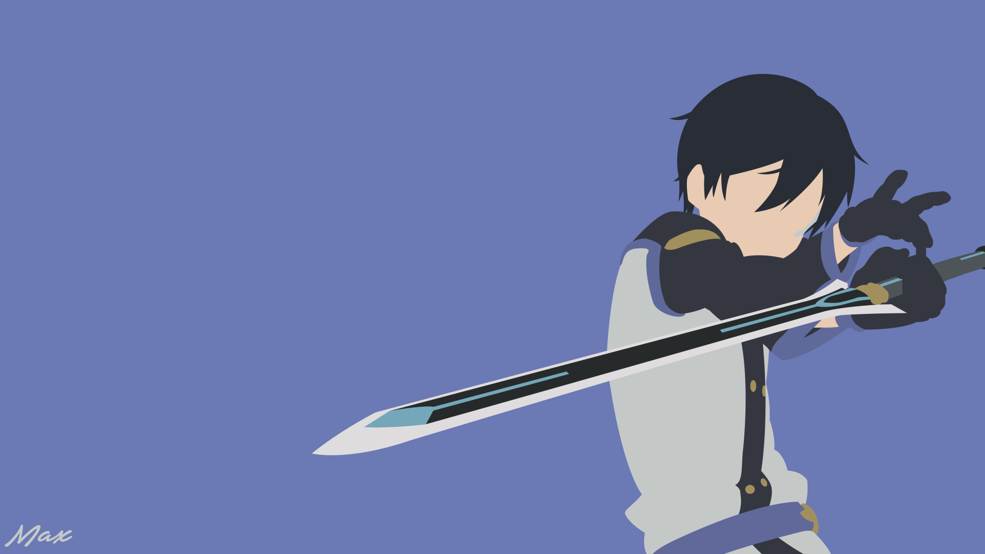 Minimalist 8K Ultra HD desktop wallpaper featuring Kirito from Sword Art Online Ordinal Scale, holding his sword ready for battle against a solid blue background.