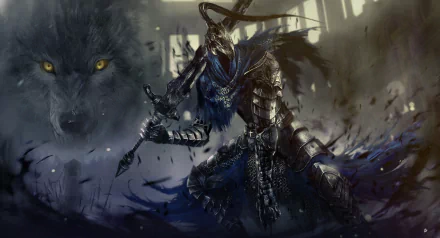 HD desktop wallpaper of Artorias the Abysswalker wielding a sword in armor alongside his wolf companion Sif from the video game Dark Souls.