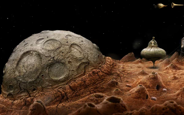 Samorost 3-themed HD desktop wallpaper featuring a whimsical space landscape with a cratered moon and a quirky alien craft.
