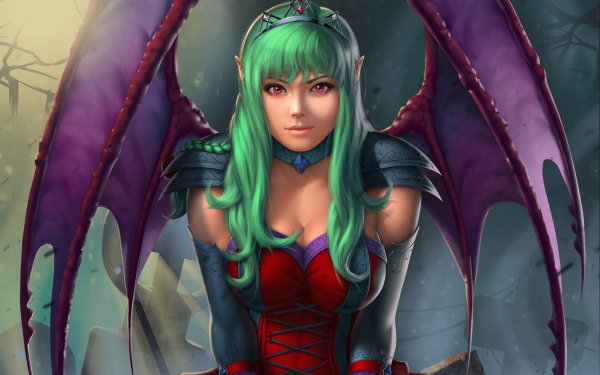 Fantasy Demon Wings Green Hair Pink Eyes HD Wallpaper | Background Image