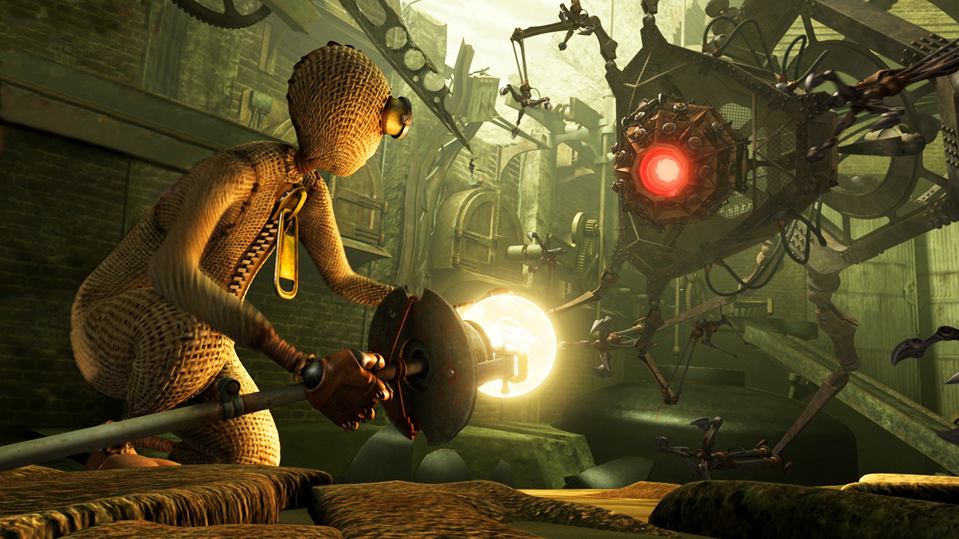 HD PC desktop wallpaper featuring a detailed animated scene from the movie 9, showing the stitched character facing a glowing mechanical creature in a dim, industrial setting.