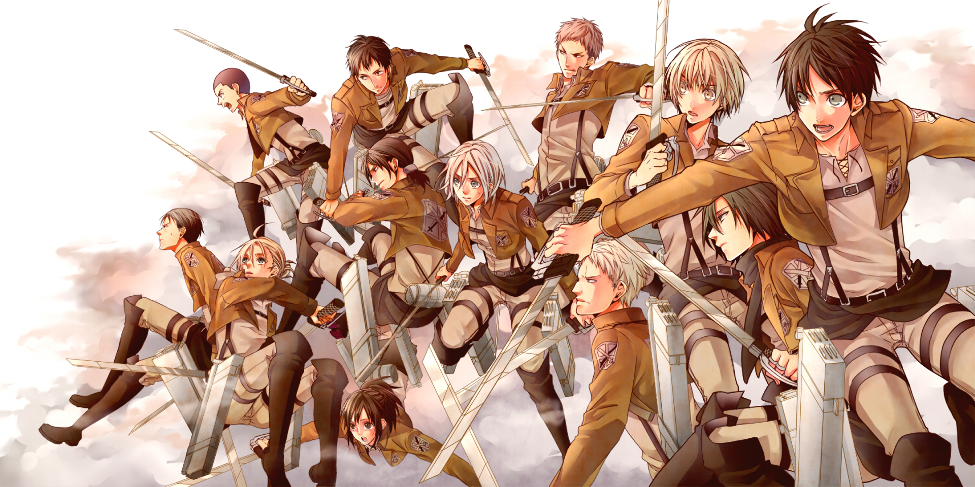 HD anime desktop wallpaper featuring key Attack on Titan characters including Eren Yeager, Mikasa Ackerman, Armin Arlert, and others in dynamic battle poses.