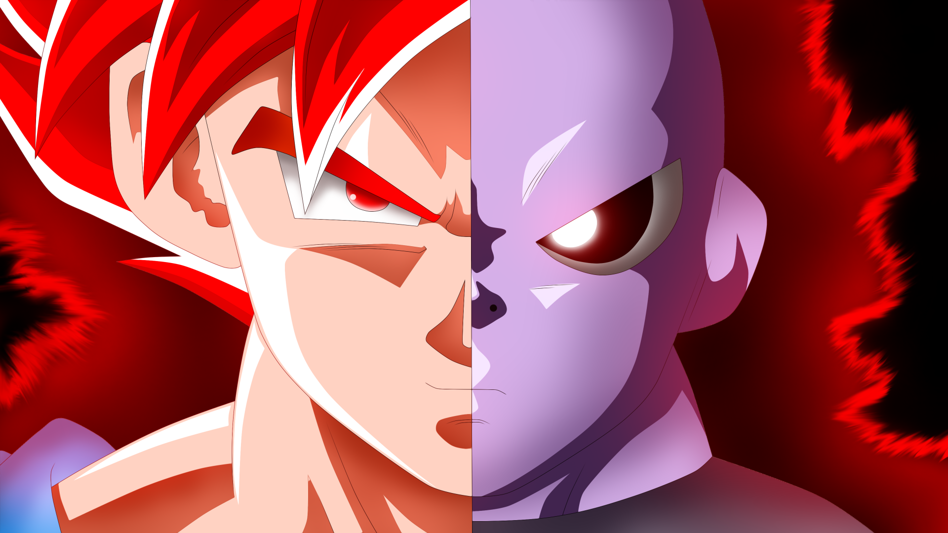 HD desktop wallpaper featuring Goku and Jiren from Dragon Ball Super, with their faces split down the center. The image portrays an intense stare-down between the two characters against a fiery red background.