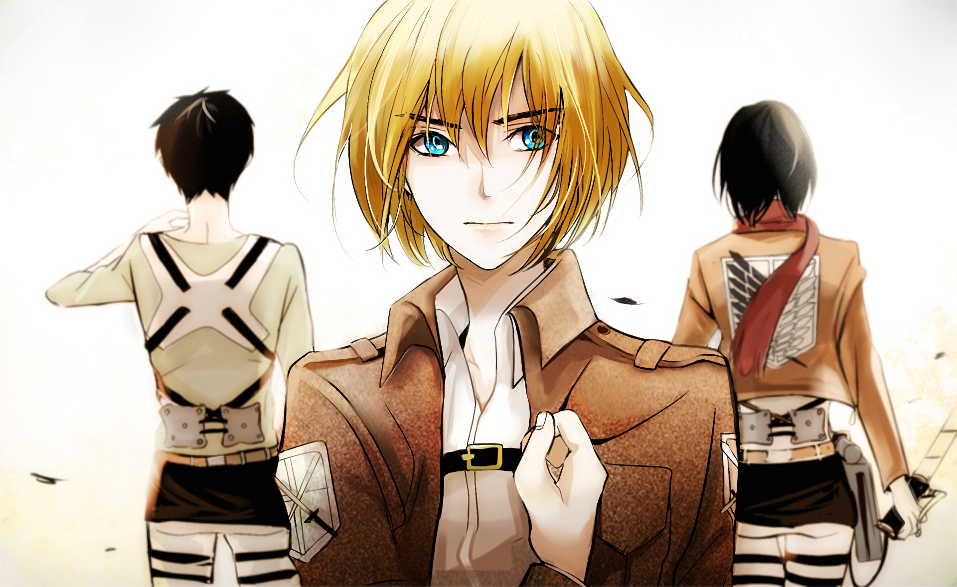HD anime desktop wallpaper featuring Armin Arlert front and center with Eren Yeager and Mikasa Ackerman facing away, from Attack on Titan.