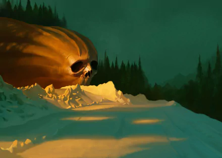 HD desktop wallpaper of an alien skull in a snowy forest landscape at dusk.