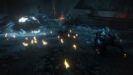 HD PC desktop wallpaper of The Witcher 3: Wild Hunt: dark cavern battle with a witcher confronting snarling monsters amid scattered flames.