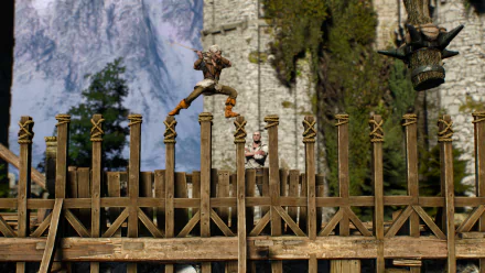 HD PC desktop wallpaper featuring a dynamic action scene from the video game The Witcher 3: Wild Hunt with characters engaged on a wooden bridge.