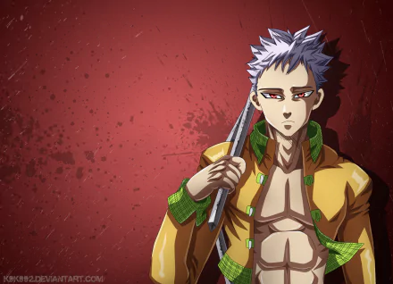 A high-definition desktop wallpaper featuring Ban from The Seven Deadly Sins anime. Ban is depicted with white hair, red eyes, and an open jacket against a gritty red background.