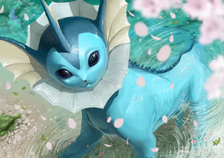 HD PC desktop wallpaper featuring Vaporeon from Pokémon in an anime-style scene with water and cherry blossom petals.