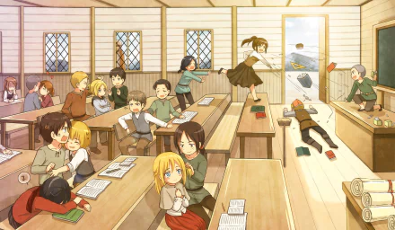 A HD desktop wallpaper featuring characters Ymir, Sasha, Reiner, Mina, Mikasa, Marco, Jean, Eren, Connie, Historia, Bertholdt, Armin, and Annie from the anime Attack on Titan in a lively classroom scene.