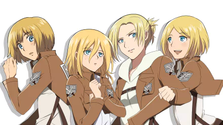 Attack on Titan HD desktop wallpaper: Petra Ral, Historia Reiss, Annie Leonhart and Armin Arlert in Survey Corps jackets, standing in friendly poses on a white background.