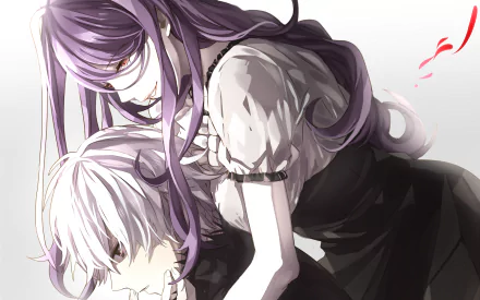 Anime characters Rize Kamishiro and Ken Kaneki from Tokyo Ghoul in a dramatic pose. The image is an HD wallpaper and background.