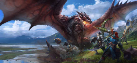 A fierce battle scene from Monster Hunter showing warriors fighting Rathalos, a massive dragon, under a clear sky. A dynamic and vibrant HD desktop wallpaper and background.