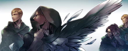 HD anime desktop wallpaper featuring Mike Zacharias from Attack on Titan with detailed wings and a hooded outfit, capturing a dramatic and dynamic pose.
