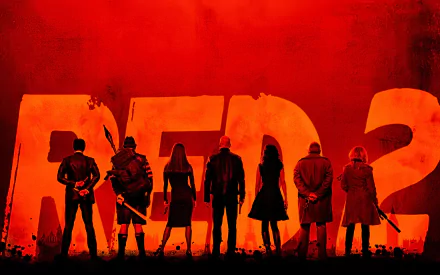 Seven silhouetted figures stand before a giant RED 2 title on a fiery red background — 2K Quad HD PC desktop wallpaper for the movie.