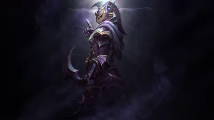 2K Quad HD PC wallpaper of Silencer (Dota 2): armored hero holding a curved weapon amid dark mist — video game DotA 2 desktop background.