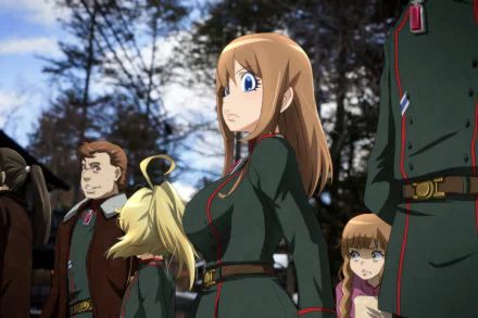 HD PC wallpaper depicting Viktoriya Ivanovna Serebryakov and Tanya Degurechaff in military uniforms with comrades beneath a cloudy sky — anime from The Saga of Tanya the Evil.