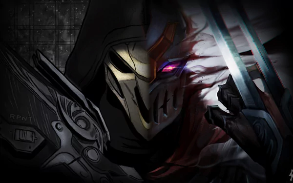 HD desktop wallpaper depicting a crossover between Zed from League of Legends and Reaper from Overwatch, showcasing a dramatic, dark-themed artwork blending elements of both video game characters.