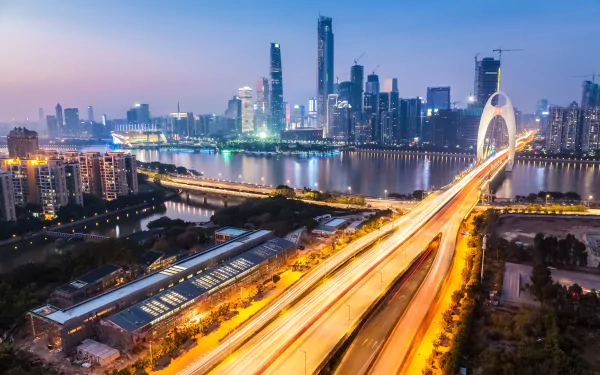 night river time lapse skyscraper building cityscape city China man made Guangzhou HD Desktop Wallpaper | Background Image