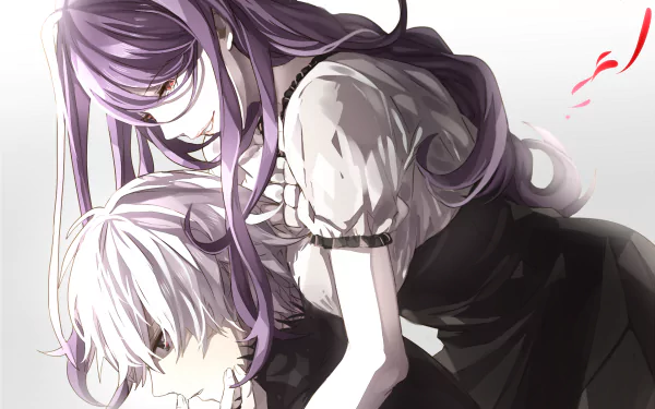 Anime characters Rize Kamishiro and Ken Kaneki from Tokyo Ghoul in a dramatic pose. The image is an HD wallpaper and background.
