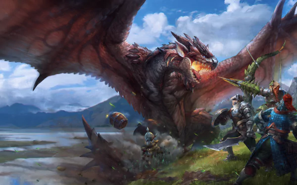 A fierce battle scene from Monster Hunter showing warriors fighting Rathalos, a massive dragon, under a clear sky. A dynamic and vibrant HD desktop wallpaper and background.