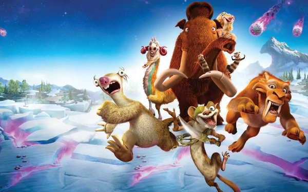 HD PC desktop wallpaper featuring characters from the movie Ice Age: Collision Course set against an icy landscape with a vibrant sky and falling meteors.