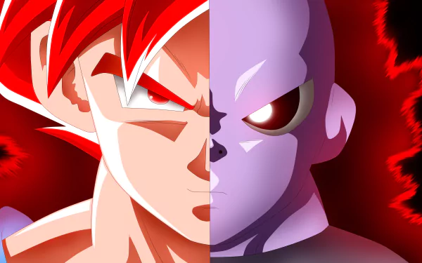 HD desktop wallpaper featuring Goku and Jiren from Dragon Ball Super, with their faces split down the center. The image portrays an intense stare-down between the two characters against a fiery red background.