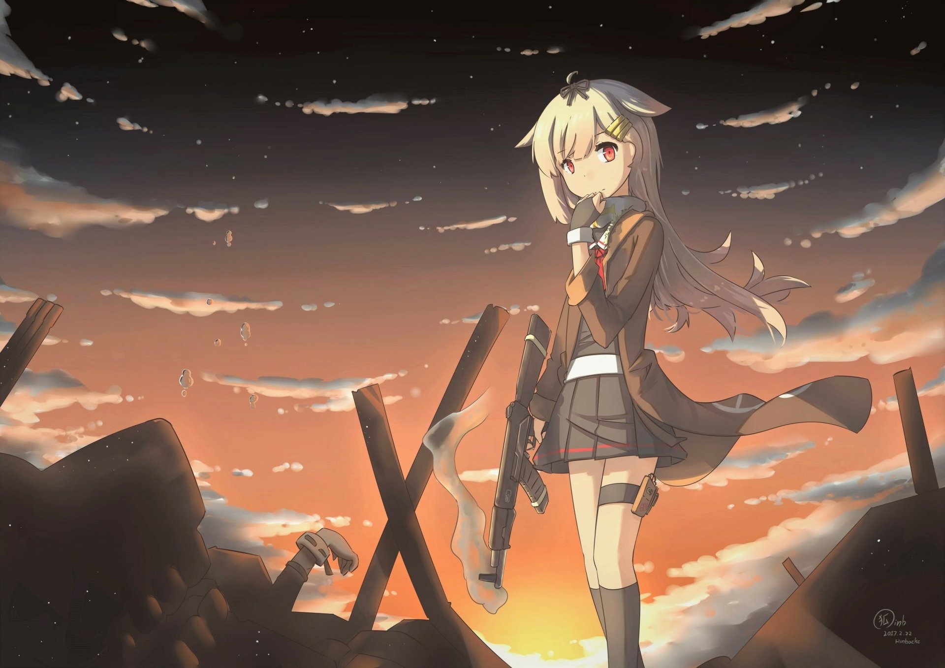 HD anime wallpaper featuring Yuudachi from Kantai Collection standing against a dramatic sunset sky with scattered debris and silhouetted structures in the background.