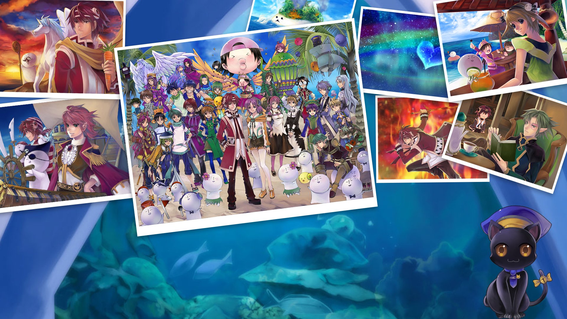 HD PC desktop wallpaper of Chocomaru and ensemble from Other Age: Second Encounter — colorful video game montage with group portrait, underwater blue background and smaller scene polaroids.