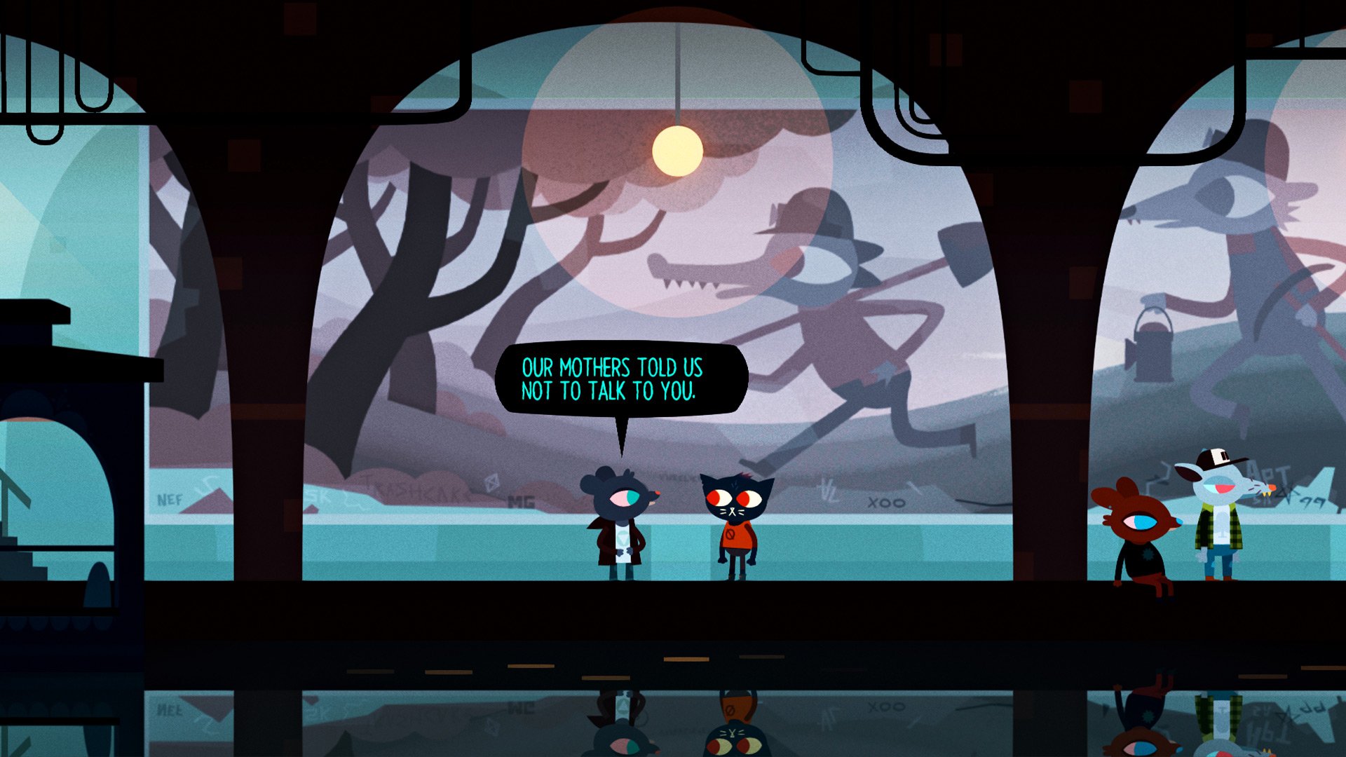 HD desktop wallpaper from Night in the Woods featuring characters in a forest at dusk with a dialogue box saying OUR MOTHERS TOLD US NOT TO TALK TO YOU.